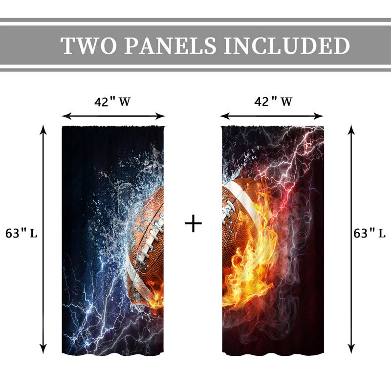 Cinbloo Sports Curtains for Boys Bedroom 42Wx63L Inch Rod Pocket Men American Football Wall Decor Flame 3D Football for Teens Kids Cool Modern Living Room Gym Window Drape Fabric 2 Panel - Image 4
